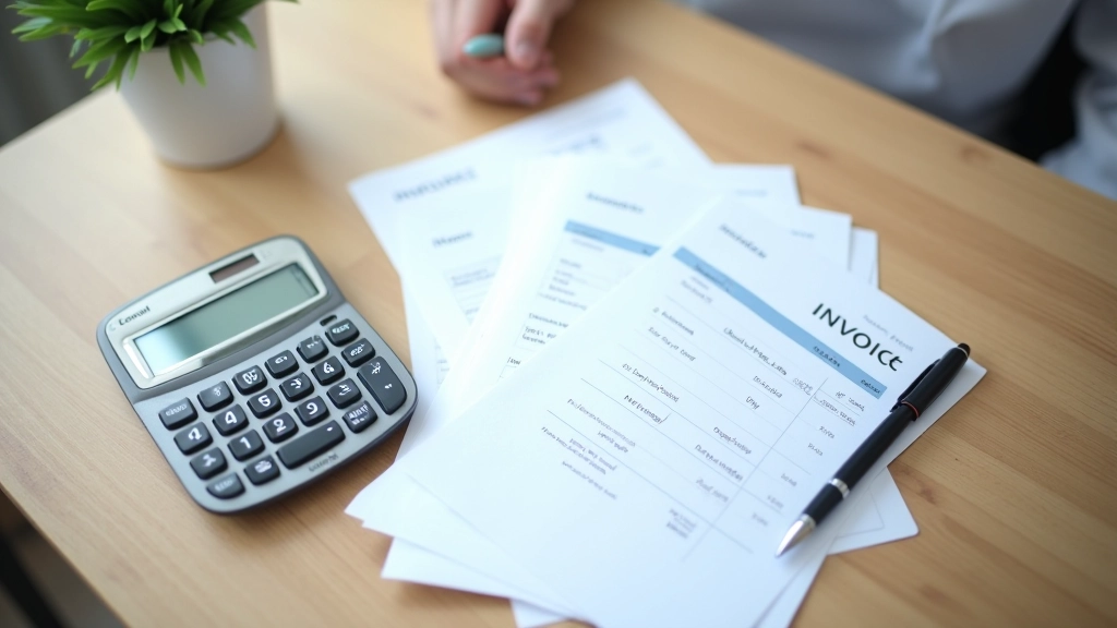 Taschenrechner mit Rechnungsunterlagen, Zahnarztkosten berechnen, Schreibtisch mit Dokumenten