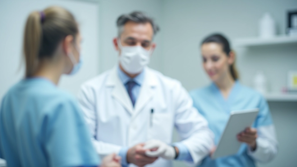 Zahnarzt erklärt einem Patienten die Kostenaufstellung am Tablet, freundliche Zahnarztpraxis