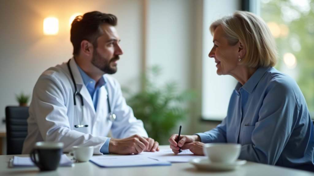 Arzt und Patient in Besprechung, modernes Büro mit Unterlagen