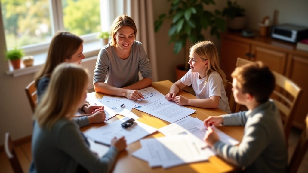 Familie sitzt zusammen und diskutiert über Versicherungsdokumente am Küchentisch