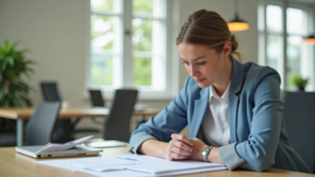 Frau schaut sich Versicherungsdokumente an, helles Büro mit Dokumenten auf dem Schreibtisch