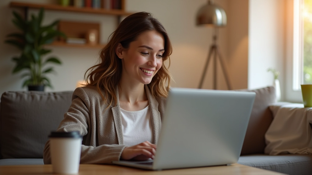 Frau vergleicht Versicherungsoptionen an einem Laptop, gemütliches Wohnzimmer mit Kaffeetasse