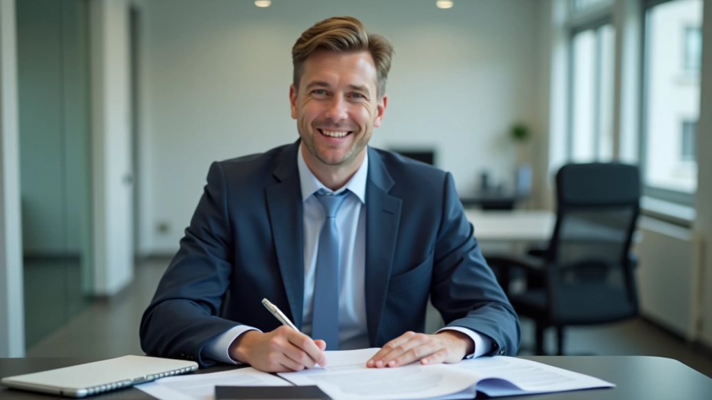 Versicherungsberater analysiert Zusatzversicherungspolicen am Schreibtisch, mit Dokumenten und Tablet