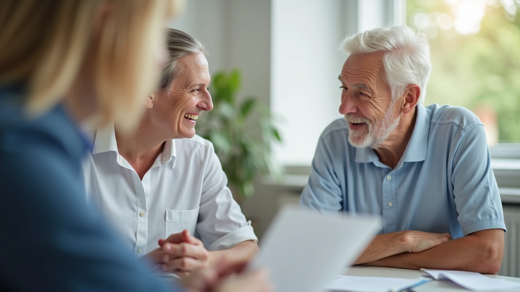 Älteres Ehepaar berät sich mit Versicherungsmakler über Krankenversicherung, freundliche Agentur