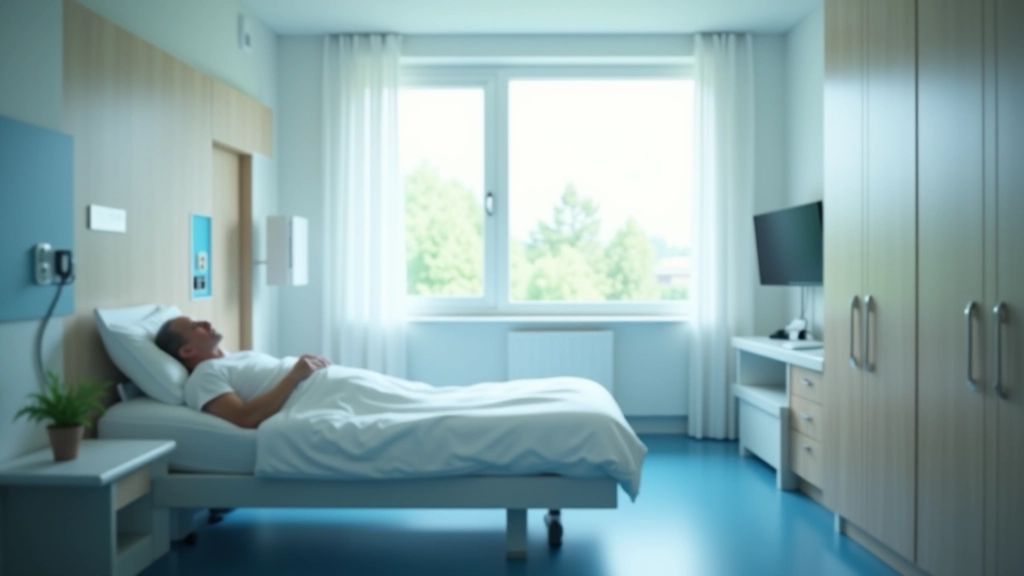 Luxuriöses Einzelzimmer im modernen Krankenhaus mit Fenstern, entspannter Patient im Bett