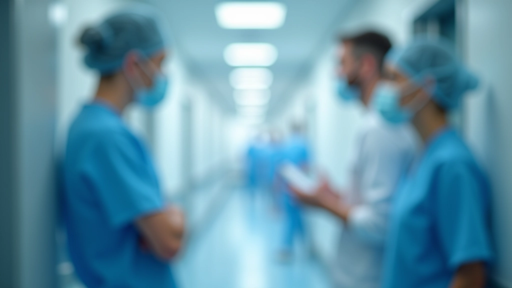 Personen in Krankenhauskorridor, Ärzte und Pfleger besprechen Behandlung