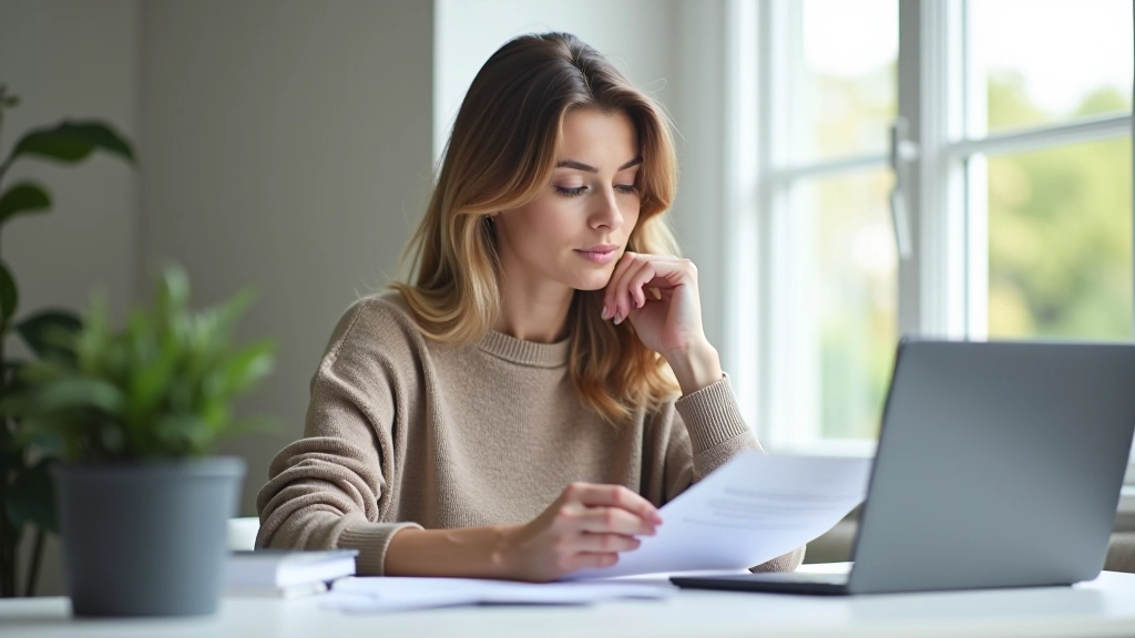 Frau liest Versicherungsdokumente am Tisch, Laptop und Notizen neben ihr, helles Homeoffice