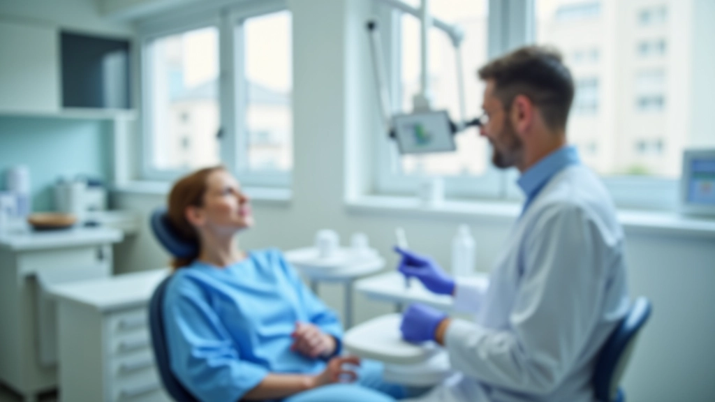 Zahnarzt führt zahnmedizinische Untersuchung durch, Patient sitzt im Behandlungsstuhl, moderne Zahnarztpraxis